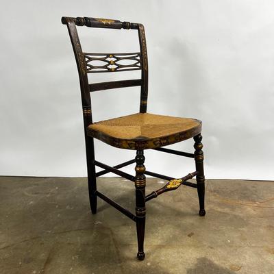 1371 Set of 8 Antique Black/Gold Painted Hitchcock Rush Seat Chairs