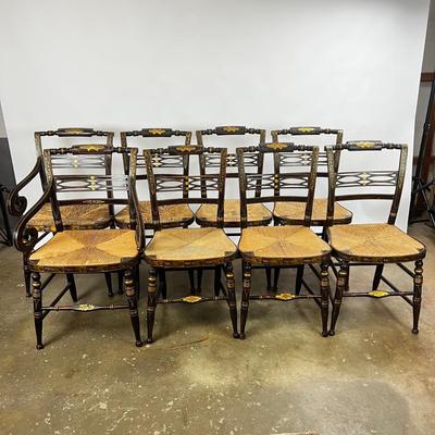 1371 Set of 8 Antique Black/Gold Painted Hitchcock Rush Seat Chairs