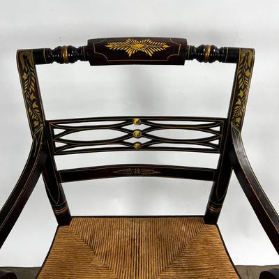 1371 Set of 8 Antique Black/Gold Painted Hitchcock Rush Seat Chairs