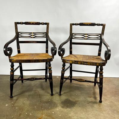 1371 Set of 8 Antique Black/Gold Painted Hitchcock Rush Seat Chairs
