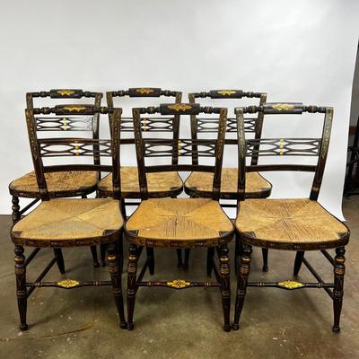 1371 Set of 8 Antique Black/Gold Painted Hitchcock Rush Seat Chairs