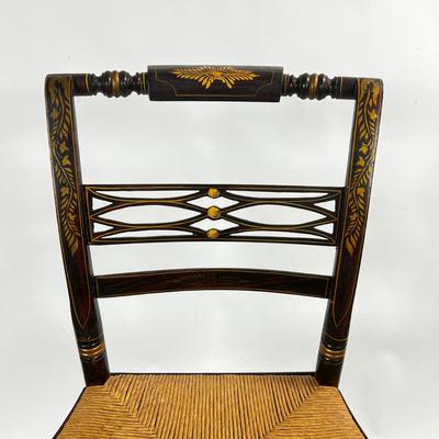 1371 Set of 8 Antique Black/Gold Painted Hitchcock Rush Seat Chairs