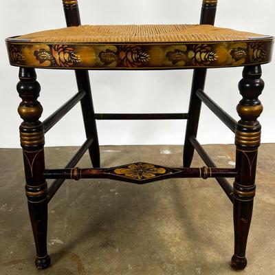 1371 Set of 8 Antique Black/Gold Painted Hitchcock Rush Seat Chairs