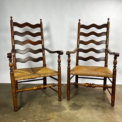 1373 Pair of Vintage Ladder Back Armchairs with Rush Seats
