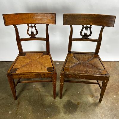 1374 Pair of Antique Walnut Rush Seats with Harp Back