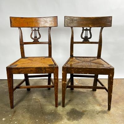 1374 Pair of Antique Walnut Rush Seats with Harp Back
