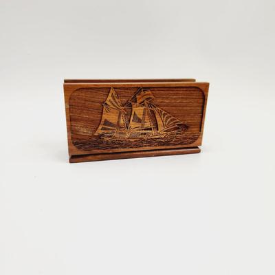 VINTAGE WALNUT LAZER PRINTED SHIP MAIL / NAPKIN HOLDER