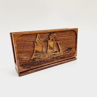 VINTAGE WALNUT LAZER PRINTED SHIP MAIL / NAPKIN HOLDER