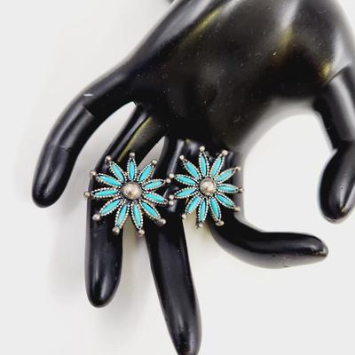 TURQUOISE & SILVER TONED CLIP ON STAR BURST EARRINGS