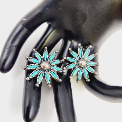 TURQUOISE & SILVER TONED CLIP ON STAR BURST EARRINGS