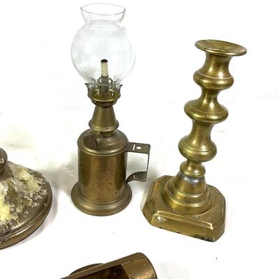 1451 Lot of Vintage Brass Candlesticks , French Pigeon Lamp and more
