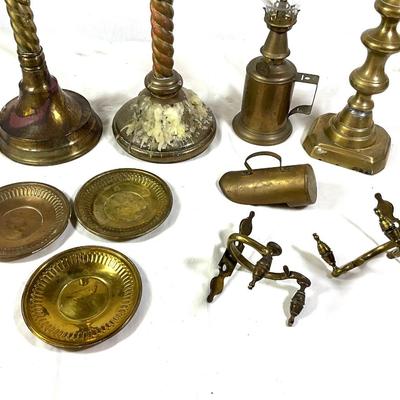 1451 Lot of Vintage Brass Candlesticks , French Pigeon Lamp and more