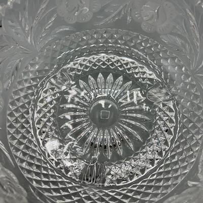 Vintage Heavy Cut Etched Crystal Glass Flower Rose Sawtooth Three Foot Bowl Centerpiece