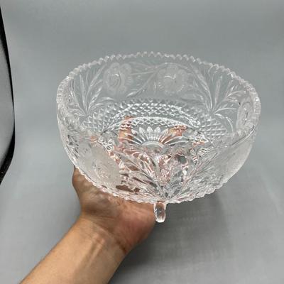 Vintage Heavy Cut Etched Crystal Glass Flower Rose Sawtooth Three Foot Bowl Centerpiece