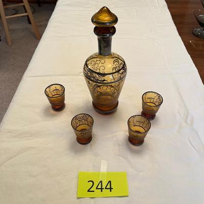 Silver Overlay Amber Liquor Set