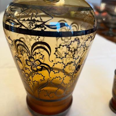 Silver Overlay Amber Liquor Set