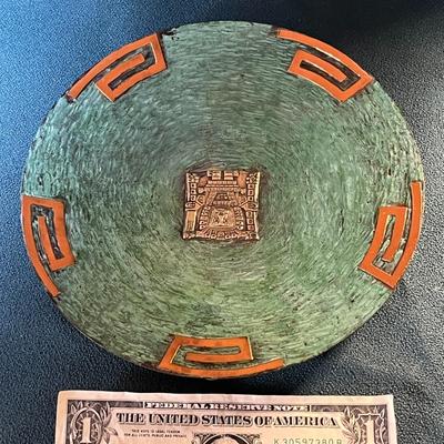 AGED LOOK COPPER, STERLING DISH MAYAN OR AZTEC DESIGN