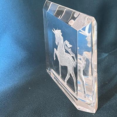 ETCHED UNICORN IN LUCITE BLOCK ARTIST SIGNED, NUMBERED