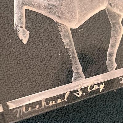 ETCHED UNICORN IN LUCITE BLOCK ARTIST SIGNED, NUMBERED