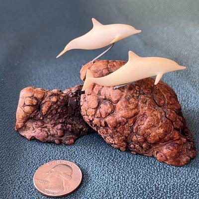 FIGURAL SWIMMING DOLPHINS MINI ART WORK ON WOOD BASE