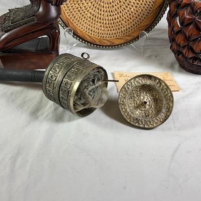 1466 Vintage Balinese Legong Dancer Carved Wooden Sculpture, Tibetan Prayer Wheel