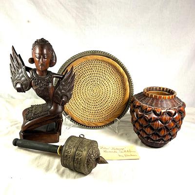 1466 Vintage Balinese Legong Dancer Carved Wooden Sculpture, Tibetan Prayer Wheel