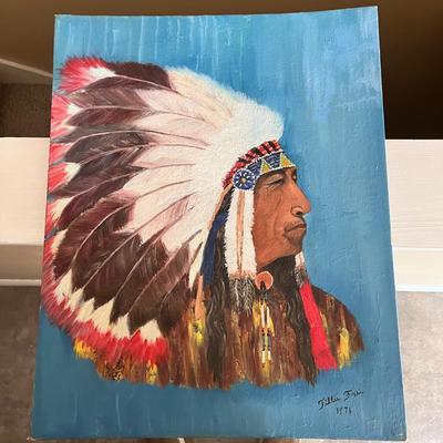 FAB OIL PAINTING AMERICAN INDIAN w/FEATHER HEADDRESS
