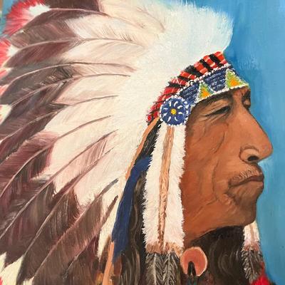 FAB OIL PAINTING AMERICAN INDIAN w/FEATHER HEADDRESS