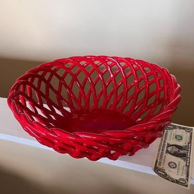 LARGE DEEP RED CERAMIC BASKET WEAVE FRUIT BOWL