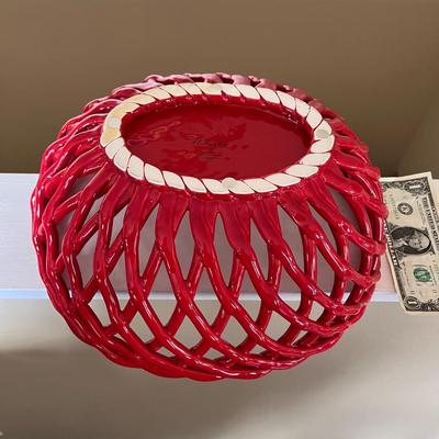 LARGE DEEP RED CERAMIC BASKET WEAVE FRUIT BOWL