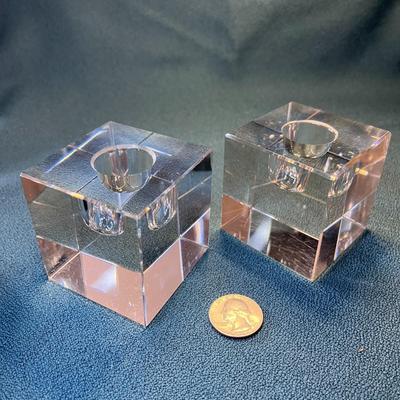 PAIR OF LEAD CRYSTAL CUBE CANDLE HOLDERS 