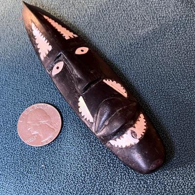 AFRICAN CARVED EBONY MINI MASK INSET w/ MOTHER OF PEARL