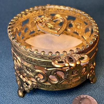 BRASS BEVELED GLASS 3â€ JEWELRY CASKET VELVET CUSHION