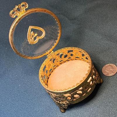 BRASS BEVELED GLASS 3â€ JEWELRY CASKET VELVET CUSHION