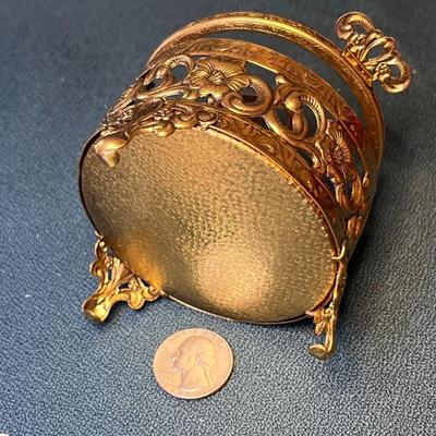 BRASS BEVELED GLASS 3â€ JEWELRY CASKET VELVET CUSHION