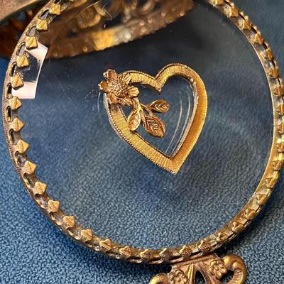 BRASS BEVELED GLASS 3â€ JEWELRY CASKET VELVET CUSHION