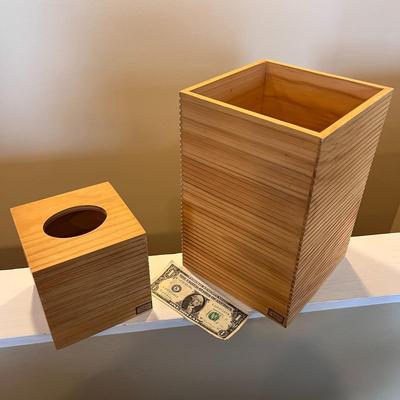 BATHROOM WASTE BASKET, TISSUE COVER SET BLONDE WOOD