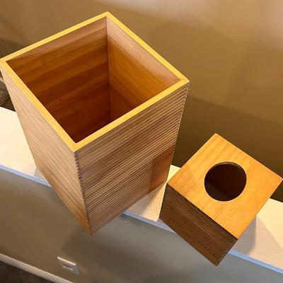 BATHROOM WASTE BASKET, TISSUE COVER SET BLONDE WOOD