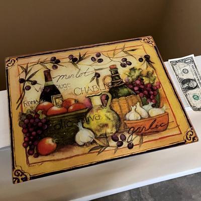 DECORATIVE ITALIAN FOOD WINE THEME GLASS CUTTING BOARD