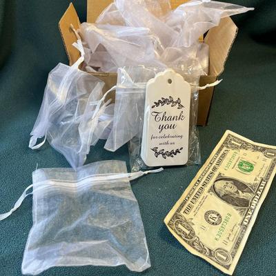 24 PACK ORGANDY DRAWSTRING POUCHES w/ THANK YOU TAGS