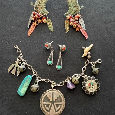 CHARM BRACELET W/INDIAN THEME CHARMS & TWO PAIRS PIERCED EARRINGS