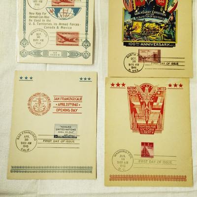 6 PC - FIRST DAY ISSUE SOUVENIR CARD STAMPS - 1943, 45 & 46 MIX THEME