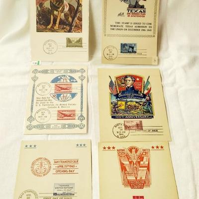 6 PC - FIRST DAY ISSUE SOUVENIR CARD STAMPS - 1943, 45 & 46 MIX THEME