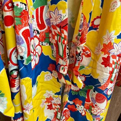 Very Colorful Vintage Kimono Possibly hand-made with Sash Red Yellow Blue White Green