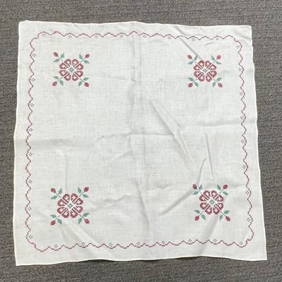 Vintage Cross-Stitched Embroidered Linen Square Card Table Tablecloth Flowers