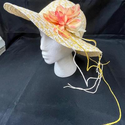 Yellow & White Straw Sun Hat with Faux Peachy Pink Flower