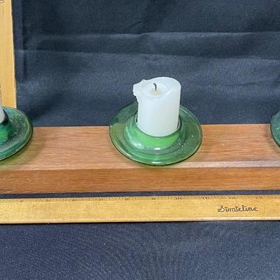 Three Candle Wood & Green Glass Homemade Candelabra