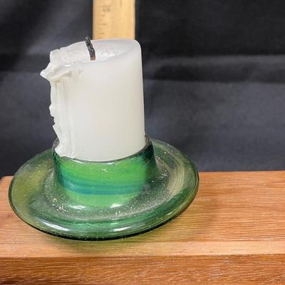 Three Candle Wood & Green Glass Homemade Candelabra