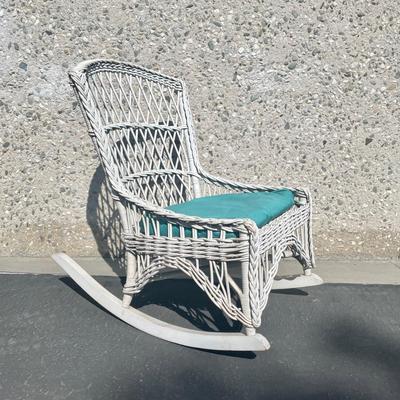 Antique Vintage White Wicker Rocking Chair with Seat Cushion