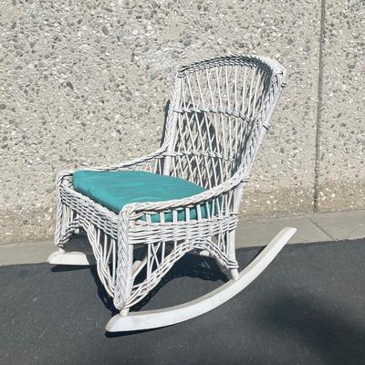 Antique Vintage White Wicker Rocking Chair with Seat Cushion